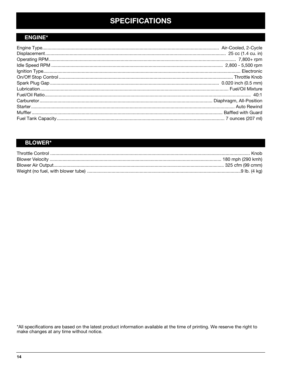 Specifications | Yard Machines YM290 User Manual | Page 14 / 56