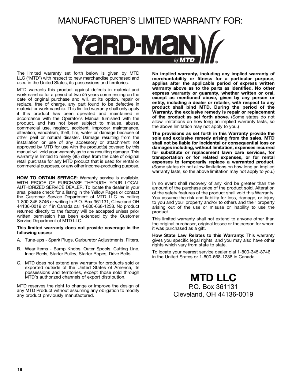 Mtd llc, Manufacturer’s limited warranty for | Yard Machines YM290 User Manual | Page 18 / 56