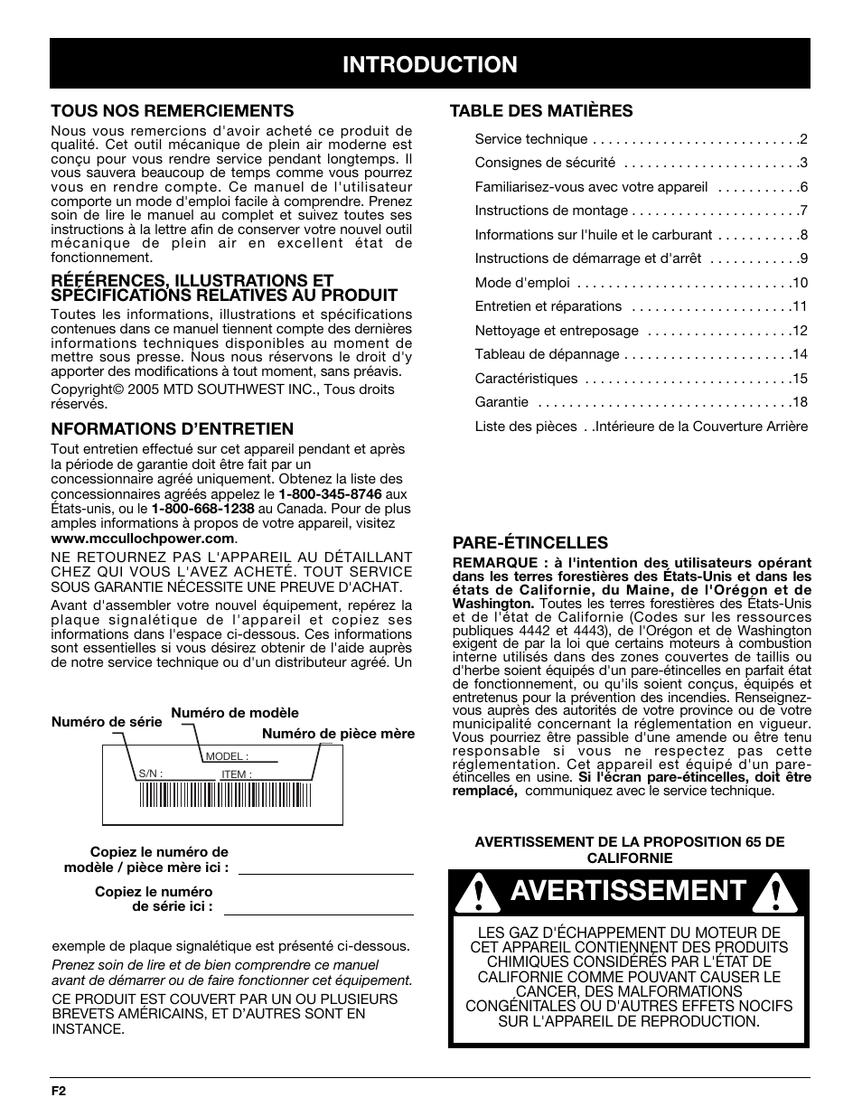 Avertissement, Introduction | Yard Machines YM290 User Manual | Page 20 / 56