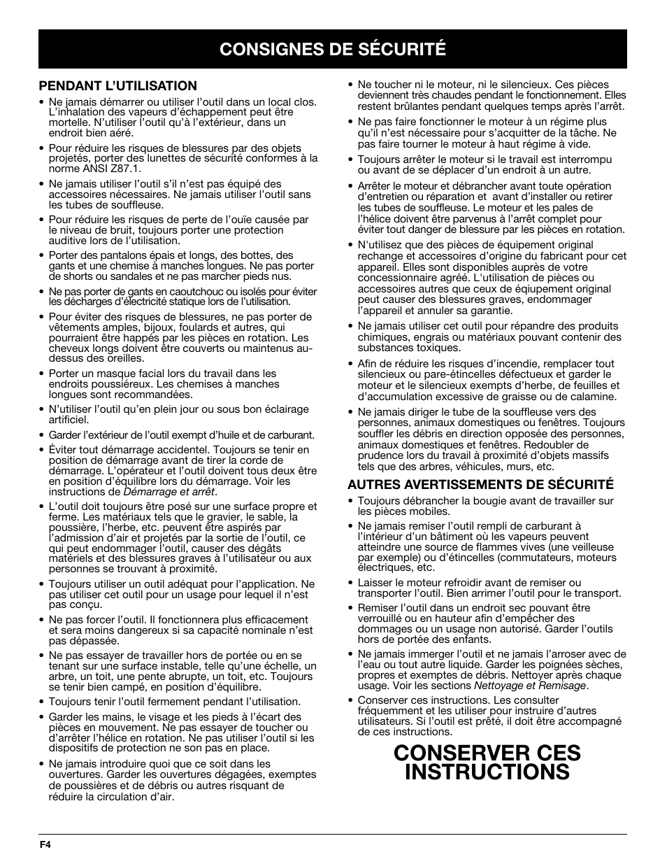 Conserver ces instructions, Consignes de sécurité | Yard Machines YM290 User Manual | Page 22 / 56