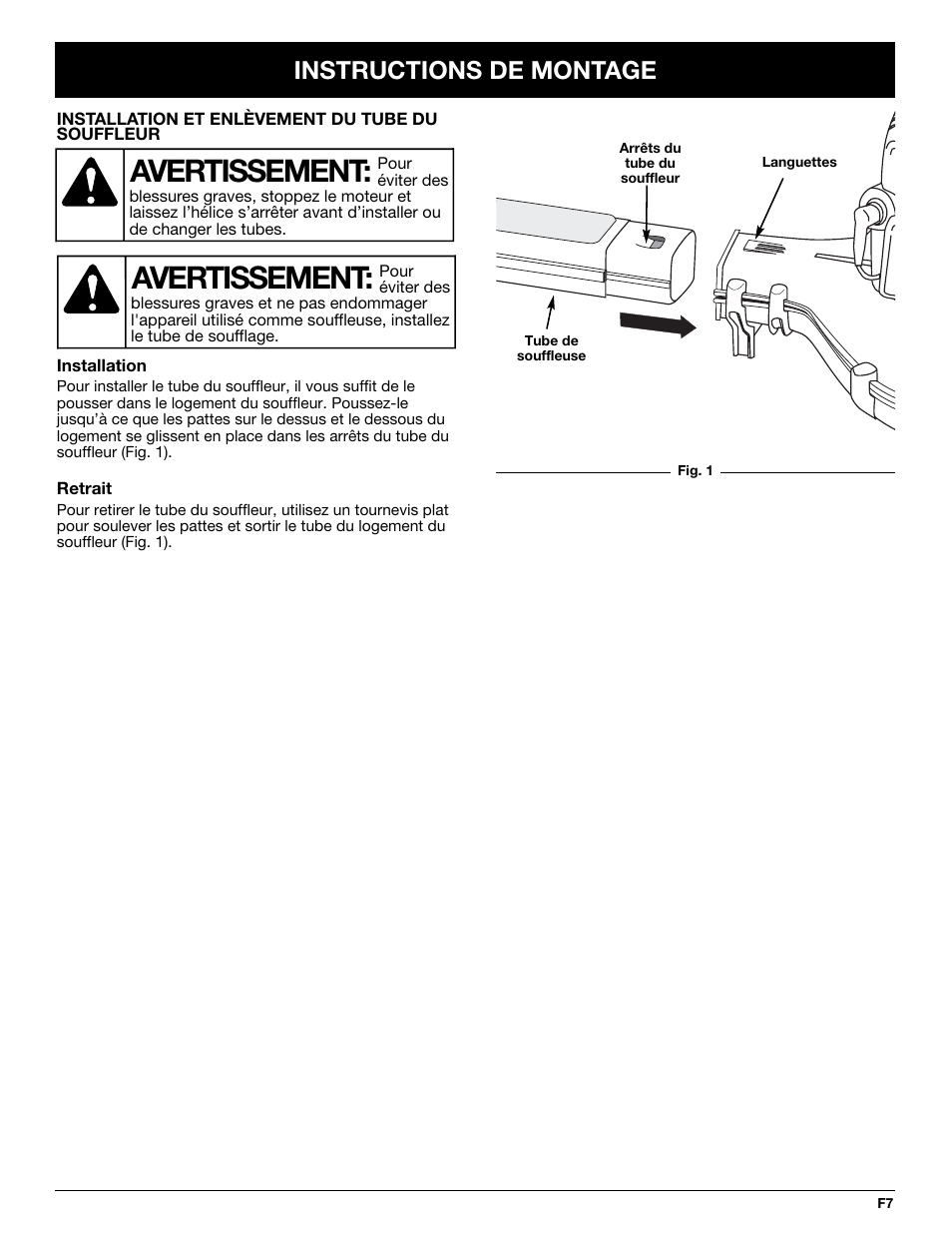 Avertissement, Instructions de montage | Yard Machines YM290 User Manual | Page 25 / 56