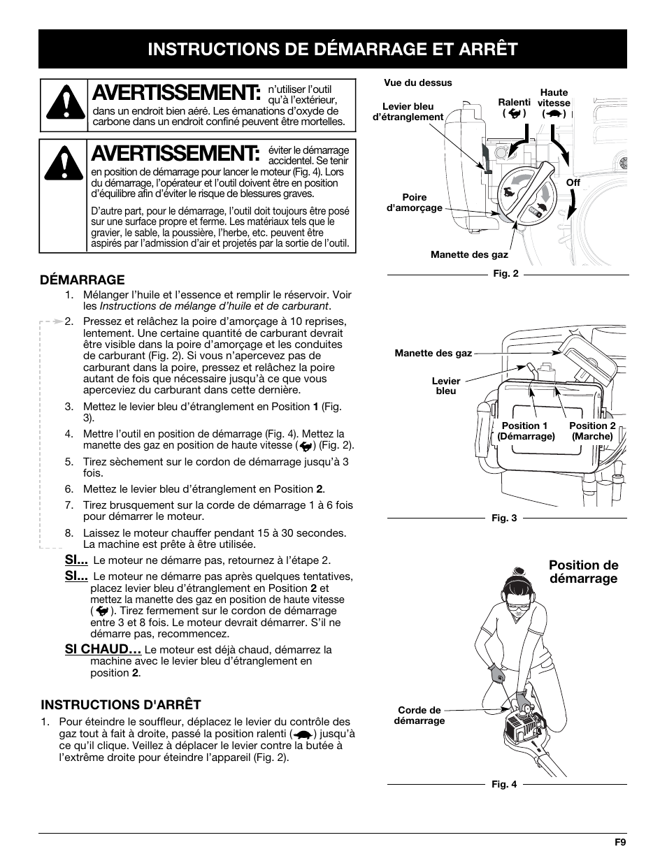 Avertissement, Instructions de démarrage et arrêt | Yard Machines YM290 User Manual | Page 27 / 56