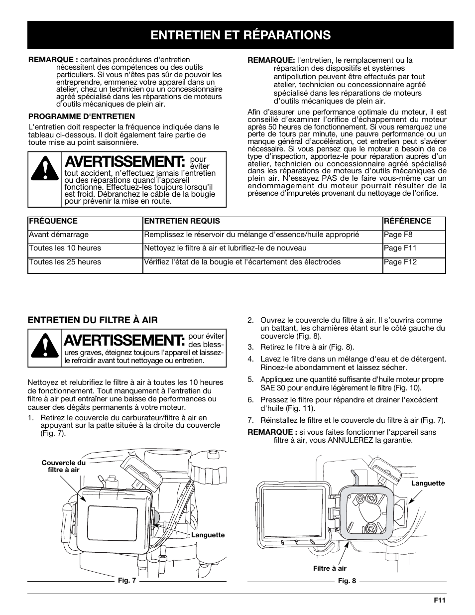 Avertissement, Entretien et réparations | Yard Machines YM290 User Manual | Page 29 / 56