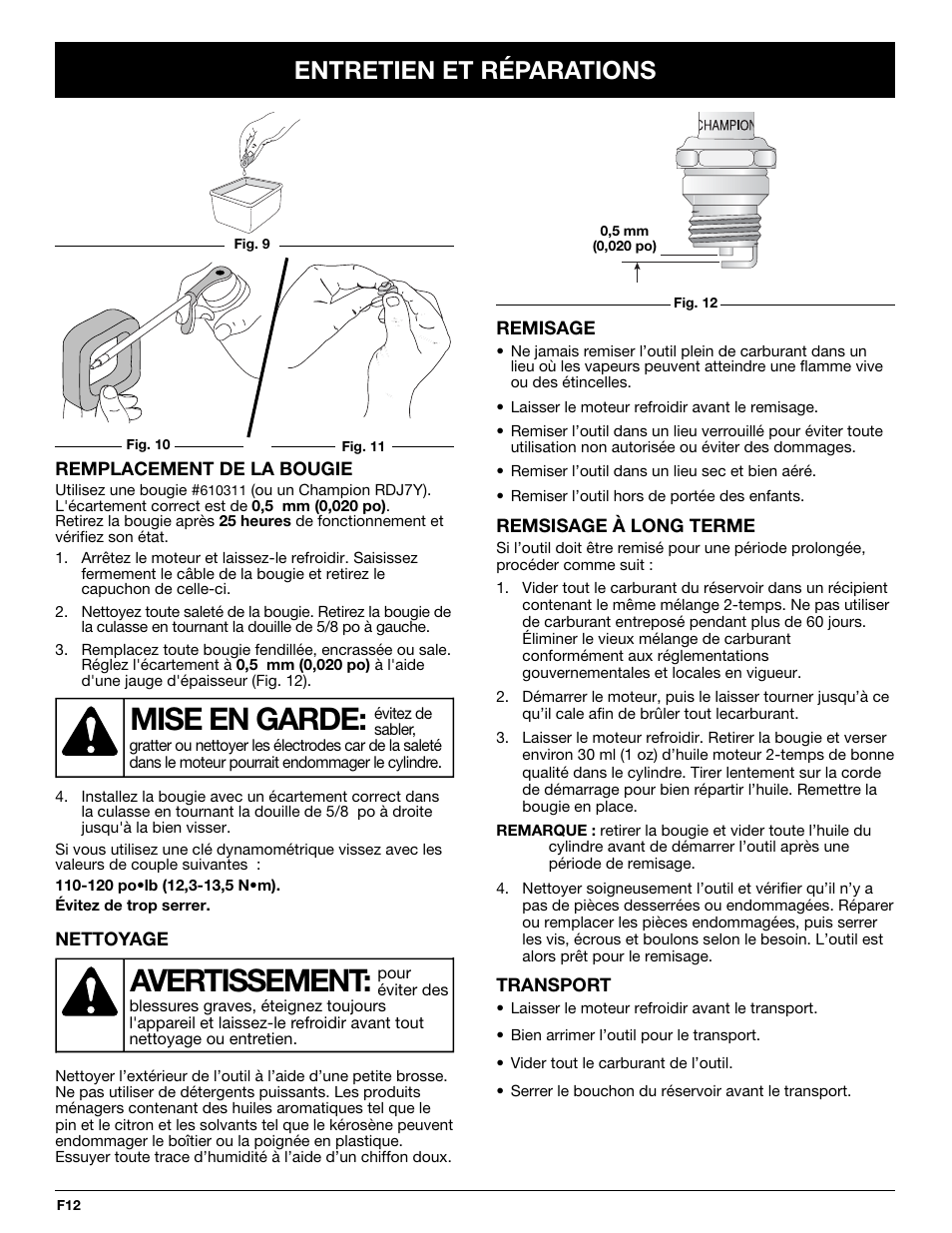 Mise en garde, Avertissement, Entretien et réparations | Yard Machines YM290 User Manual | Page 30 / 56