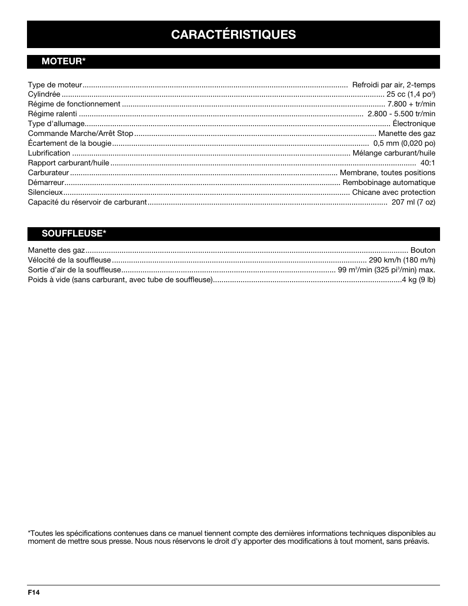 Caractéristiques, Moteur* souffleuse | Yard Machines YM290 User Manual | Page 32 / 56