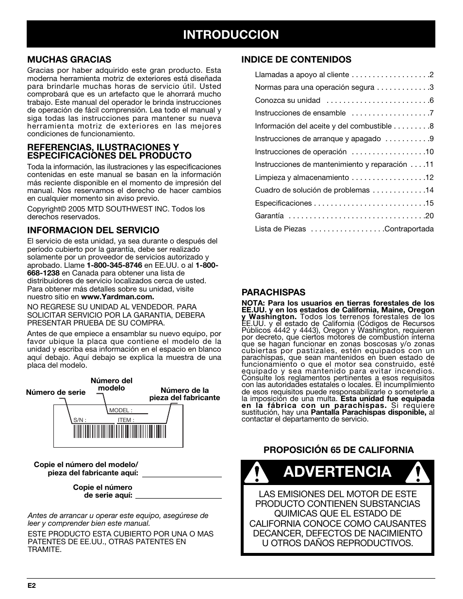 Advertencia, Introduccion | Yard Machines YM290 User Manual | Page 38 / 56