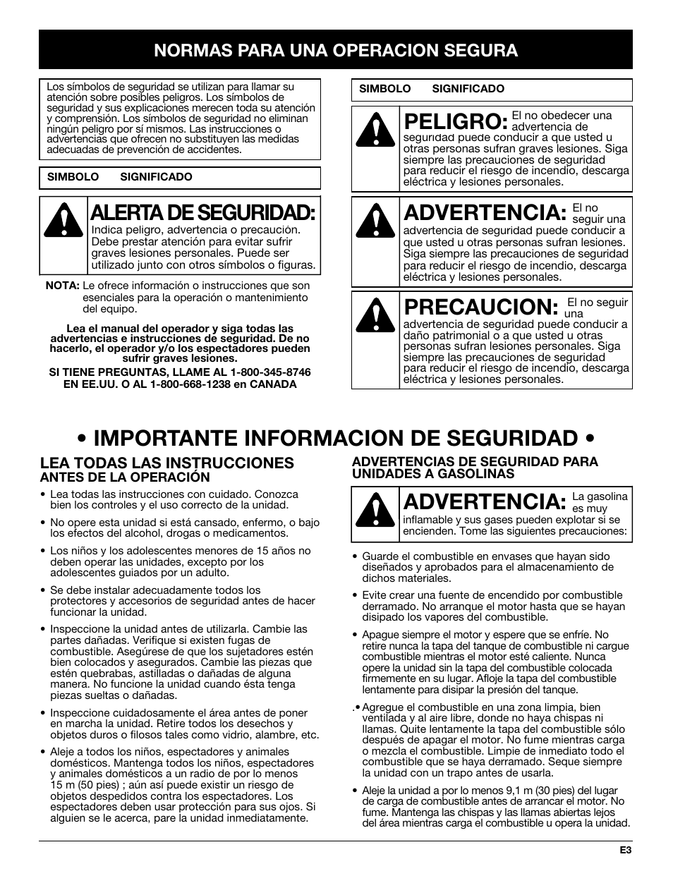 Importante informacion de seguridad, Advertencia, Peligro | Precaucion, Alerta de seguridad, Normas para una operacion segura, Lea todas las instrucciones | Yard Machines YM290 User Manual | Page 39 / 56