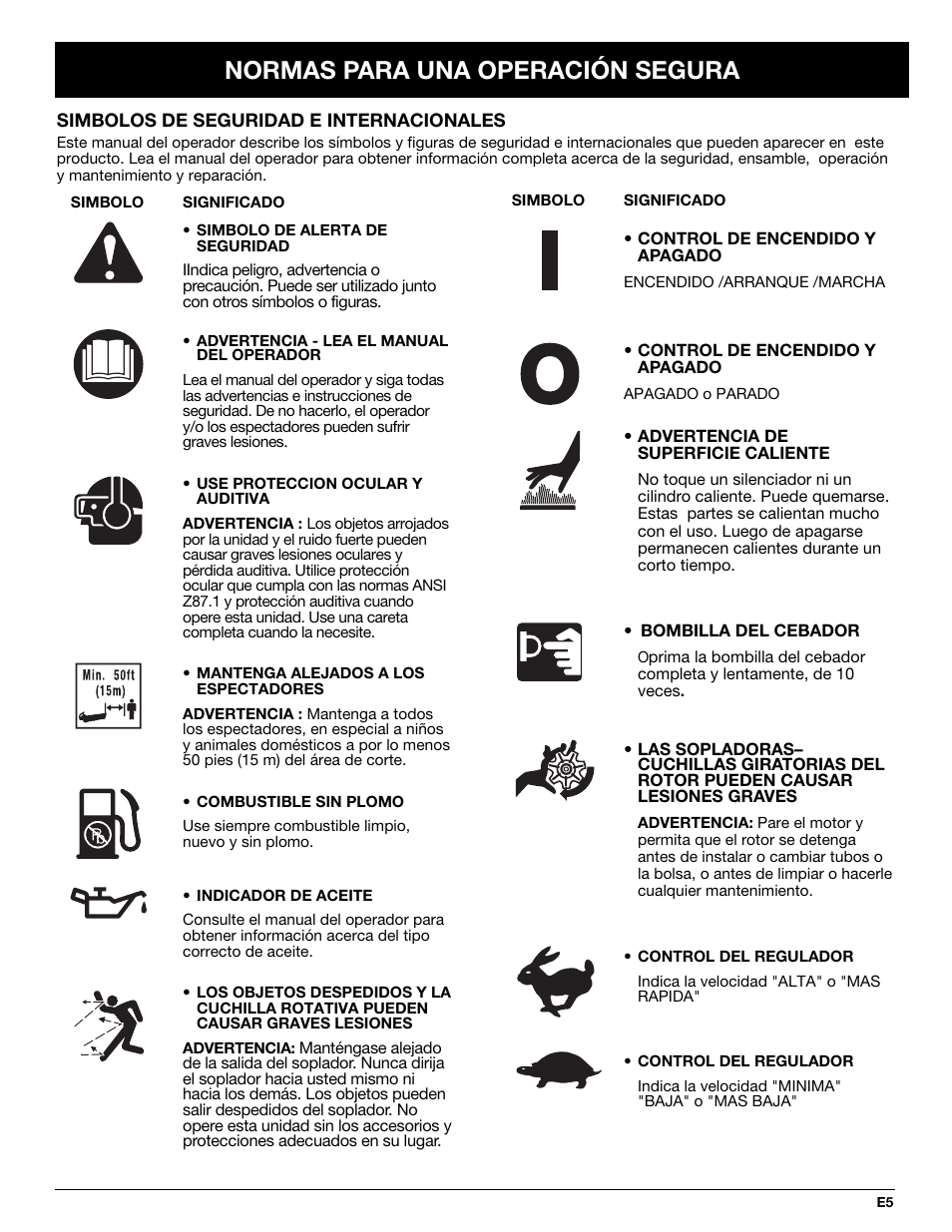Normas para una operación segura | Yard Machines YM290 User Manual | Page 41 / 56