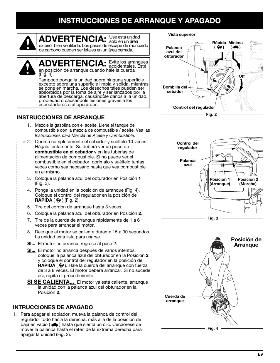 Advertencia, Instrucciones de arranque y apagado | Yard Machines YM290 User Manual | Page 45 / 56