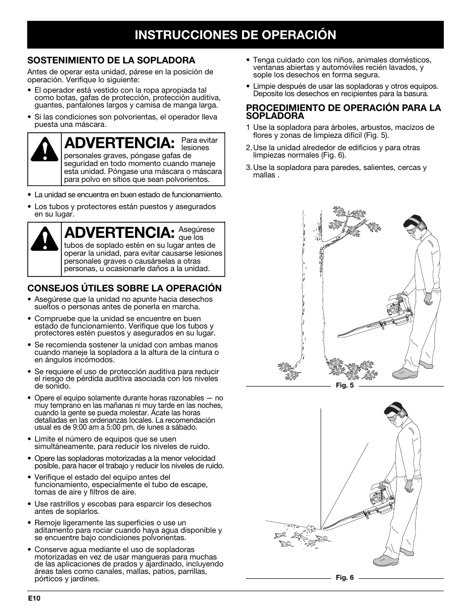 Advertencia, Instrucciones de operación | Yard Machines YM290 User Manual | Page 46 / 56