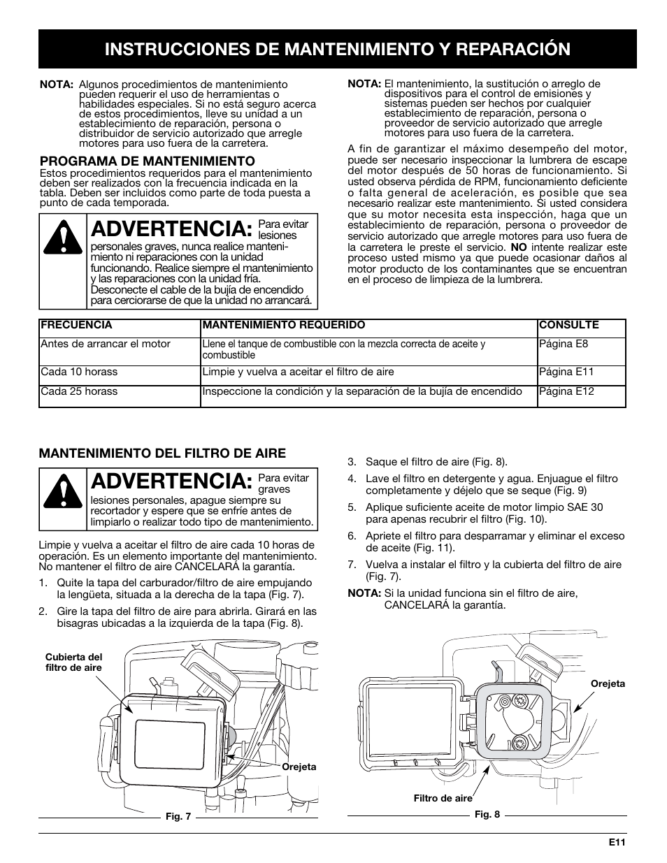 Advertencia, Instrucciones de mantenimiento y reparación | Yard Machines YM290 User Manual | Page 47 / 56