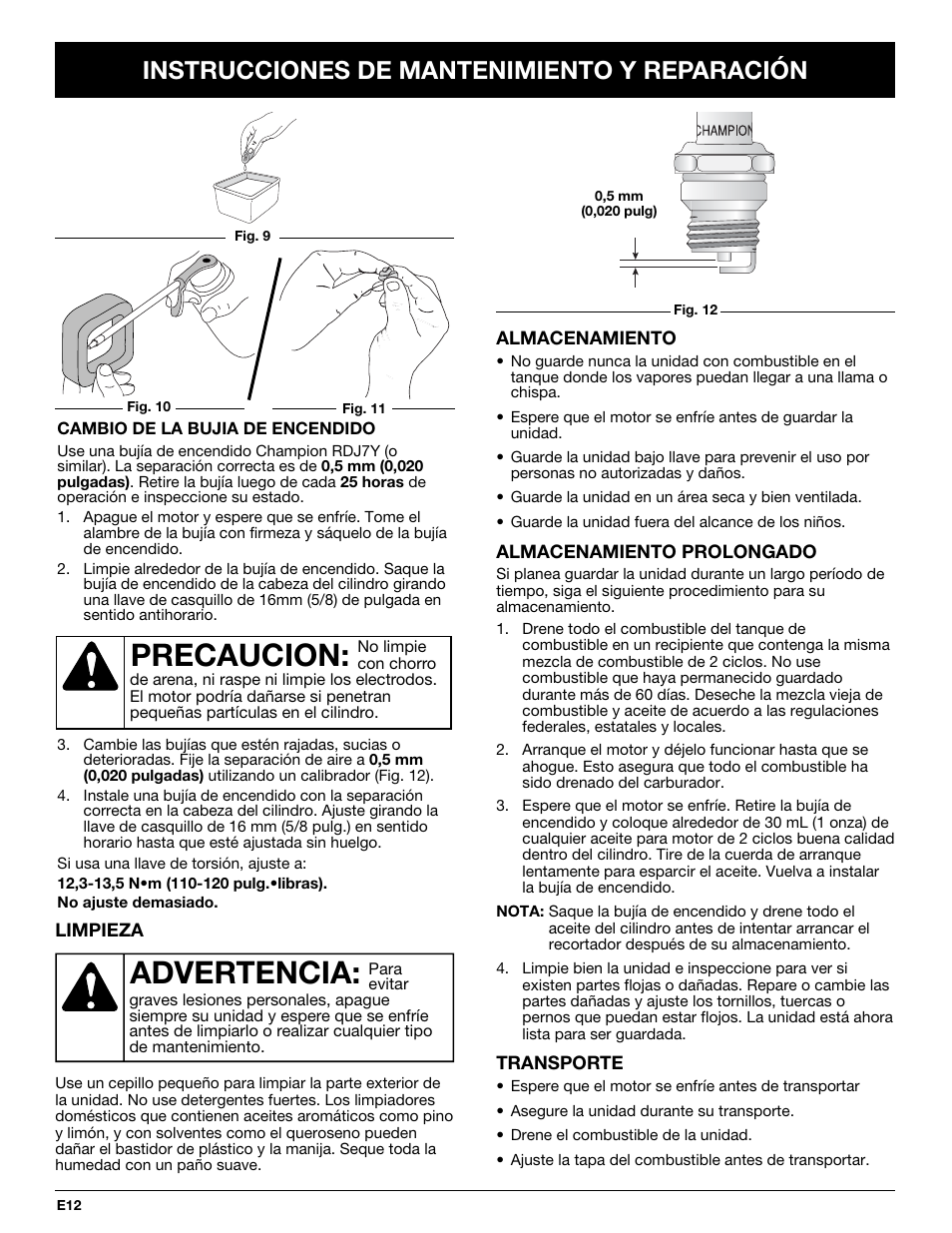 Precaucion, Advertencia, Instrucciones de mantenimiento y reparación | Yard Machines YM290 User Manual | Page 48 / 56