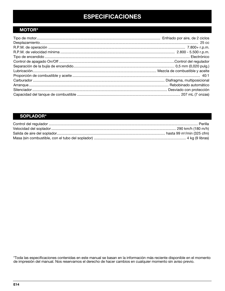 Especificaciones | Yard Machines YM290 User Manual | Page 50 / 56