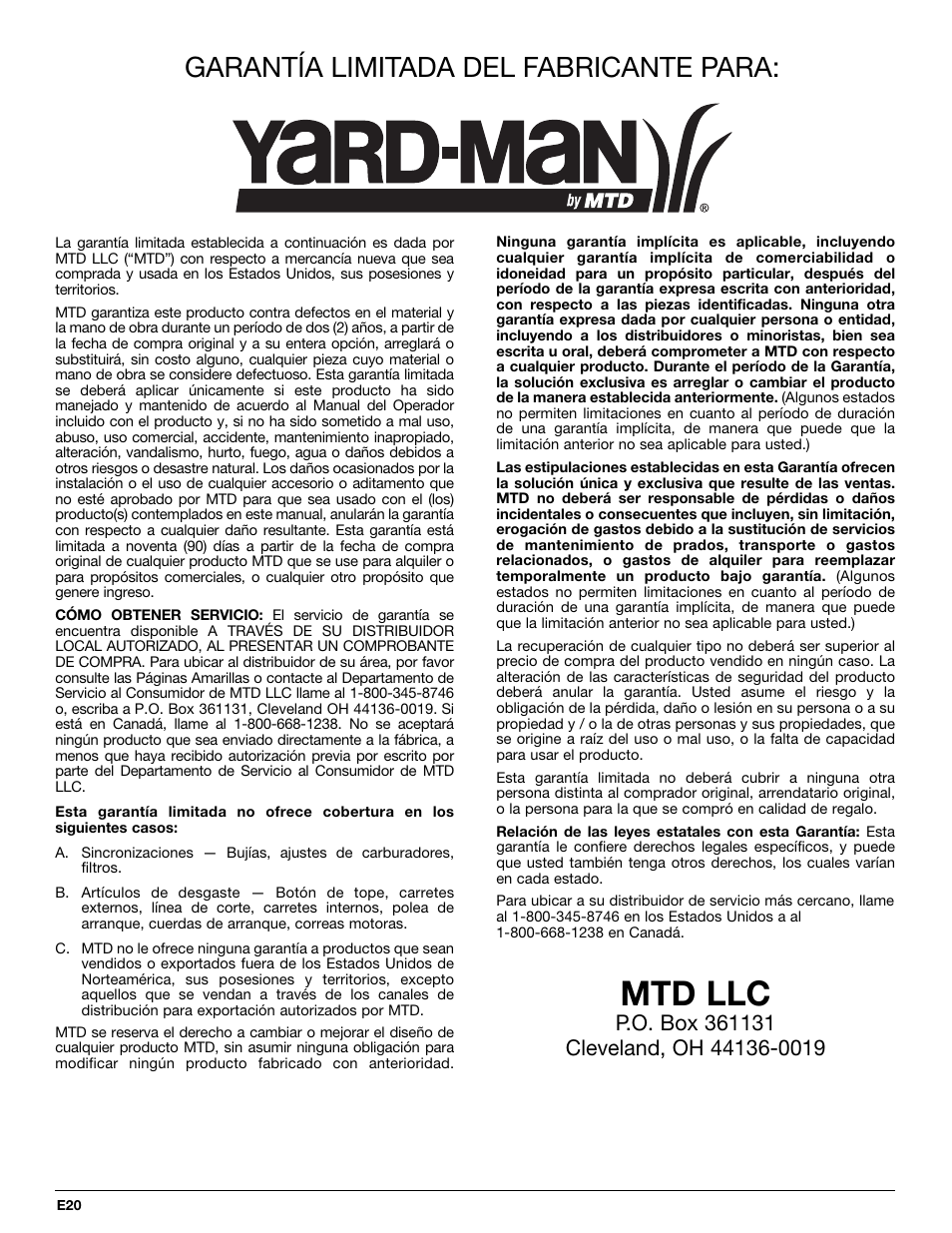 Mtd llc, Garantía limitada del fabricante para | Yard Machines YM290 User Manual | Page 56 / 56