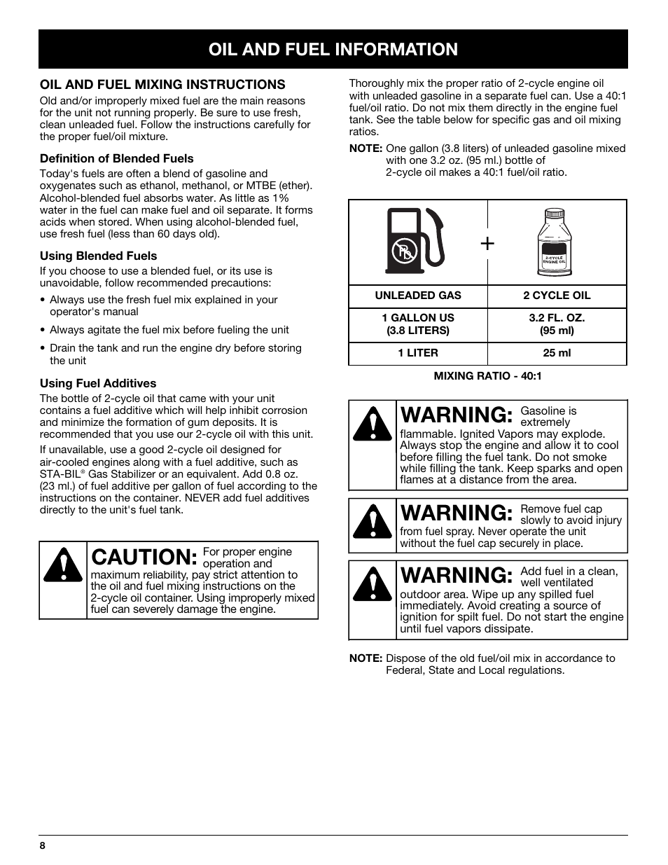 Warning, Caution, Oil and fuel information | Yard Machines YM290 User Manual | Page 8 / 56
