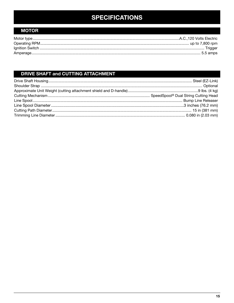Specifications | Yard Machines YM137 User Manual | Page 15 / 56