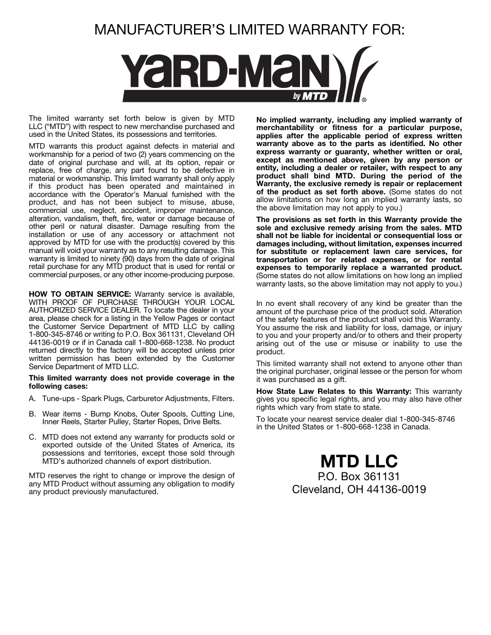 Mtd llc, Manufacturer’s limited warranty for | Yard Machines YM137 User Manual | Page 18 / 56