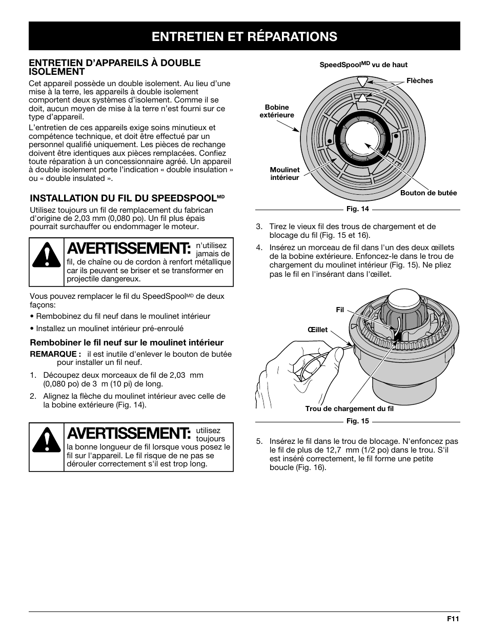 Avertissement, Entretien et réparations | Yard Machines YM137 User Manual | Page 29 / 56