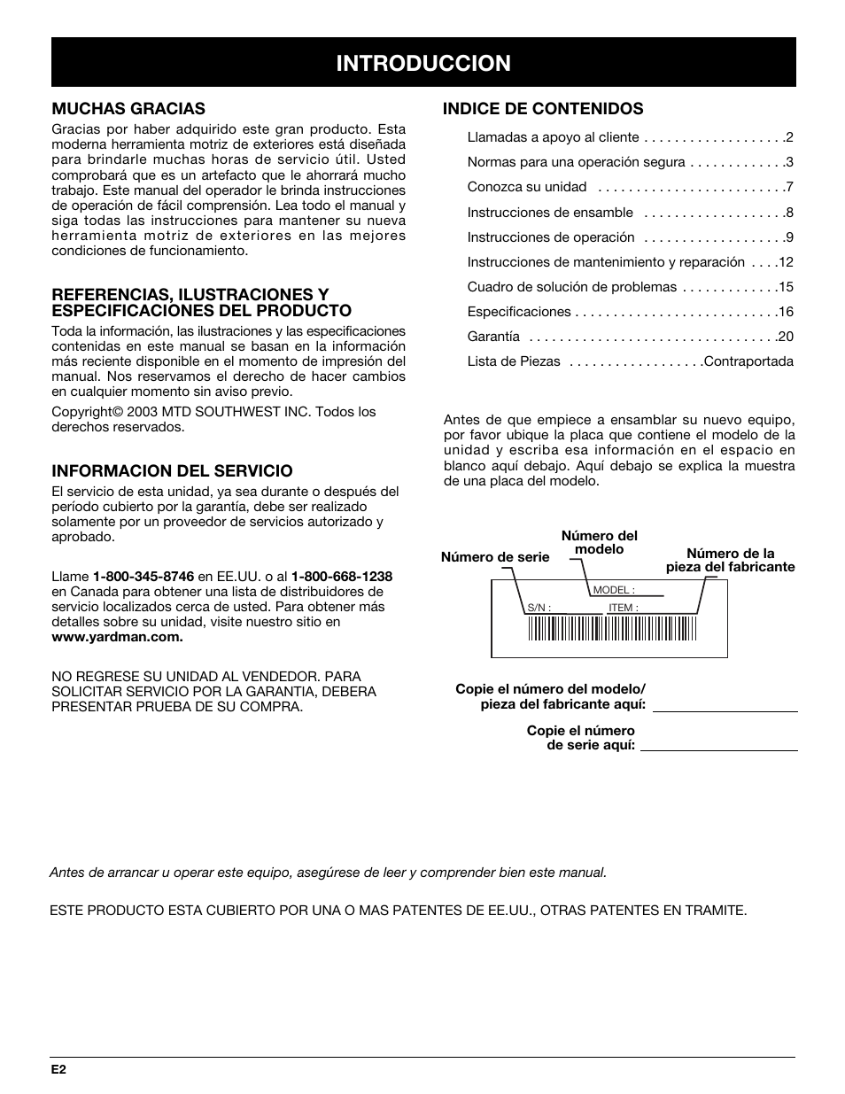 Introduccion | Yard Machines YM137 User Manual | Page 38 / 56