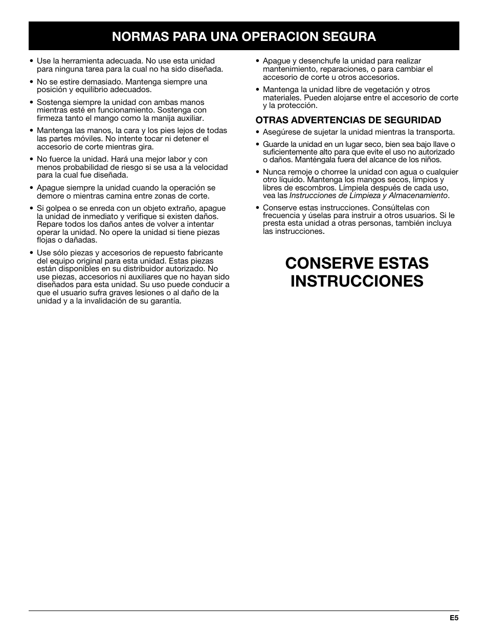 Conserve estas instrucciones, Normas para una operacion segura | Yard Machines YM137 User Manual | Page 41 / 56