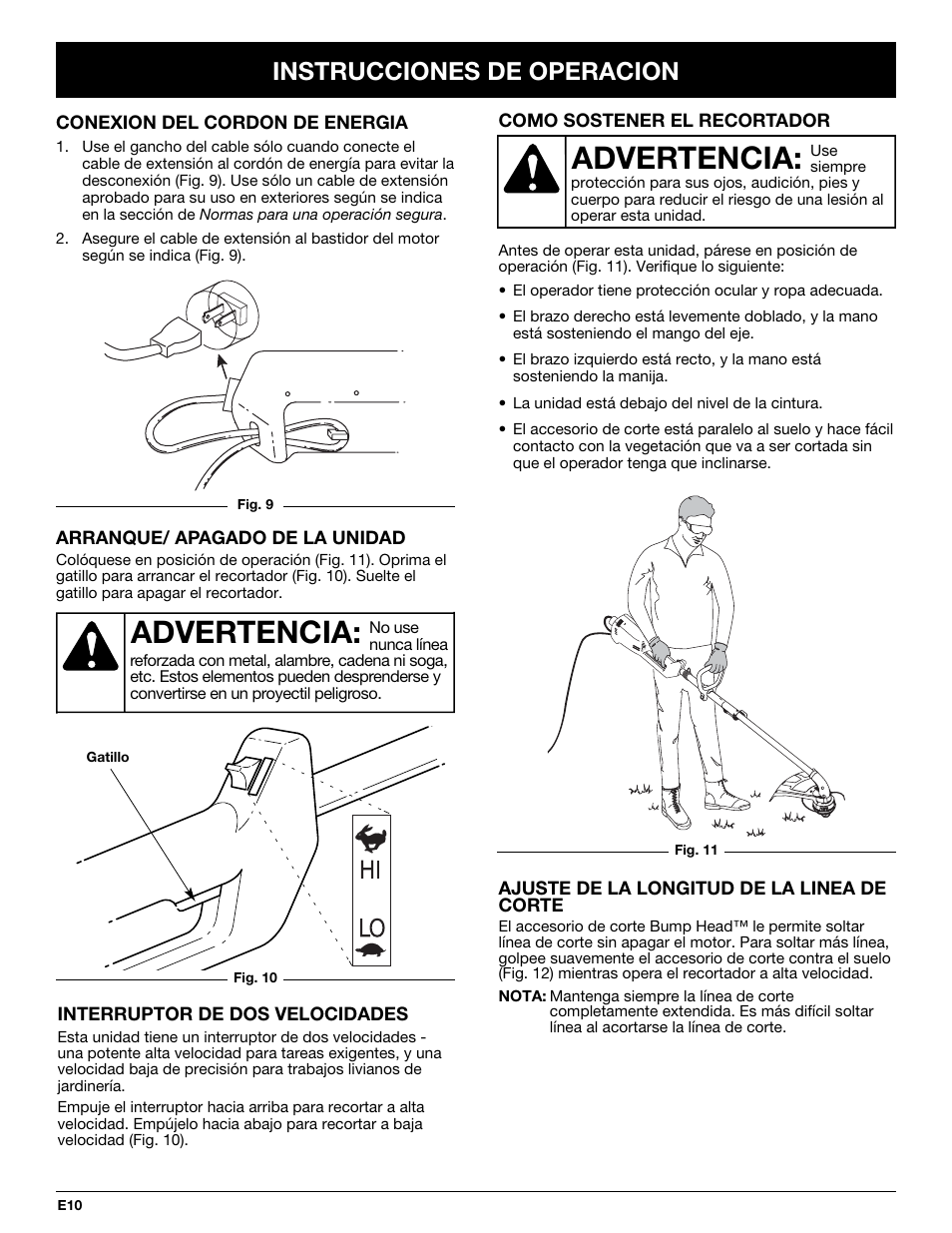 Advertencia, Instrucciones de operacion | Yard Machines YM137 User Manual | Page 46 / 56