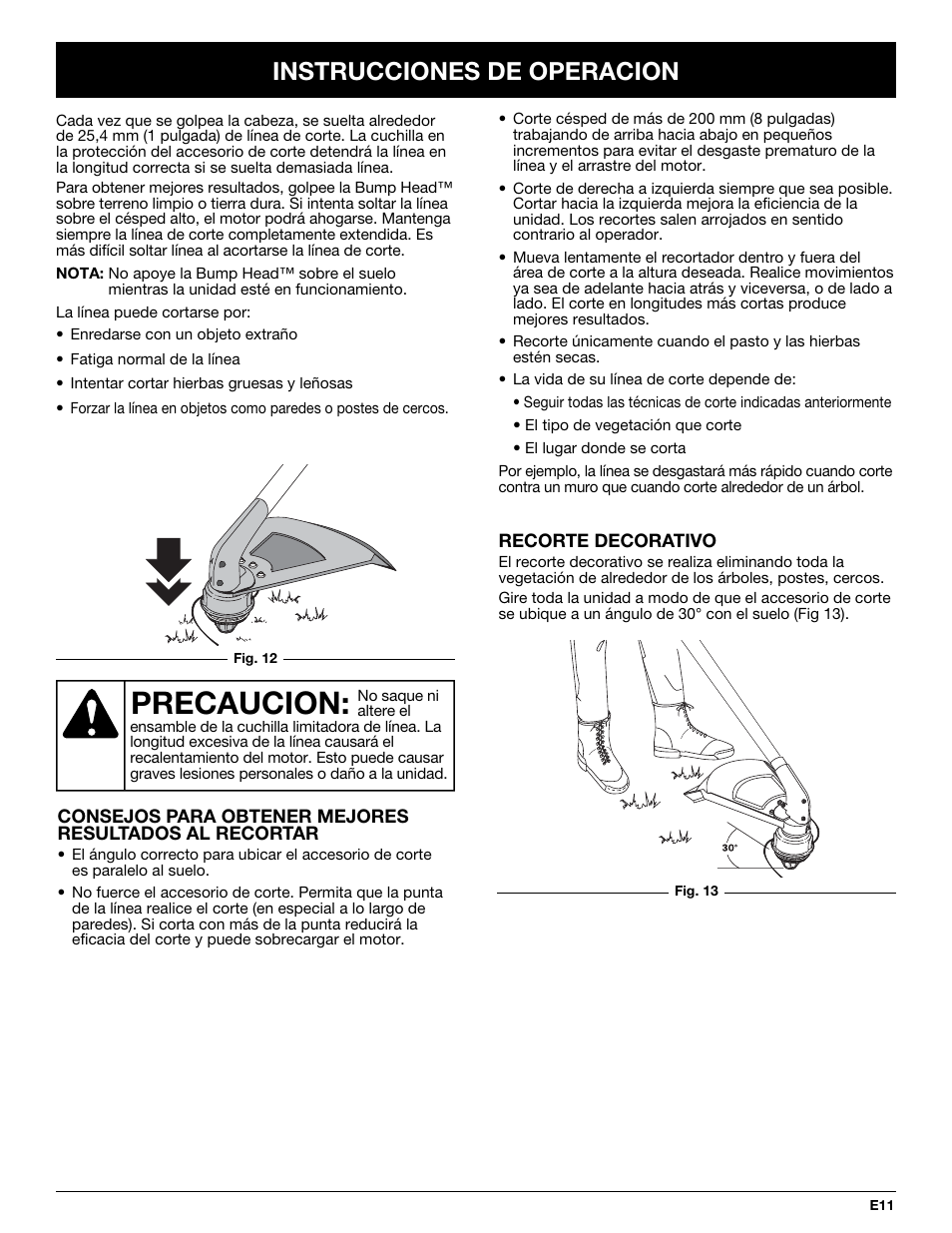 Precaucion, Instrucciones de operacion | Yard Machines YM137 User Manual | Page 47 / 56