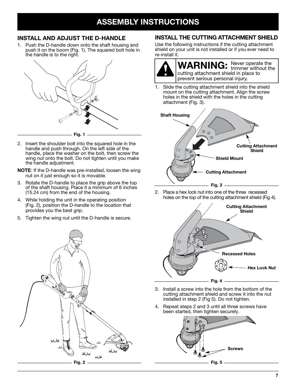 Warning, Assembly instructions | Yard Machines YM137 User Manual | Page 7 / 56