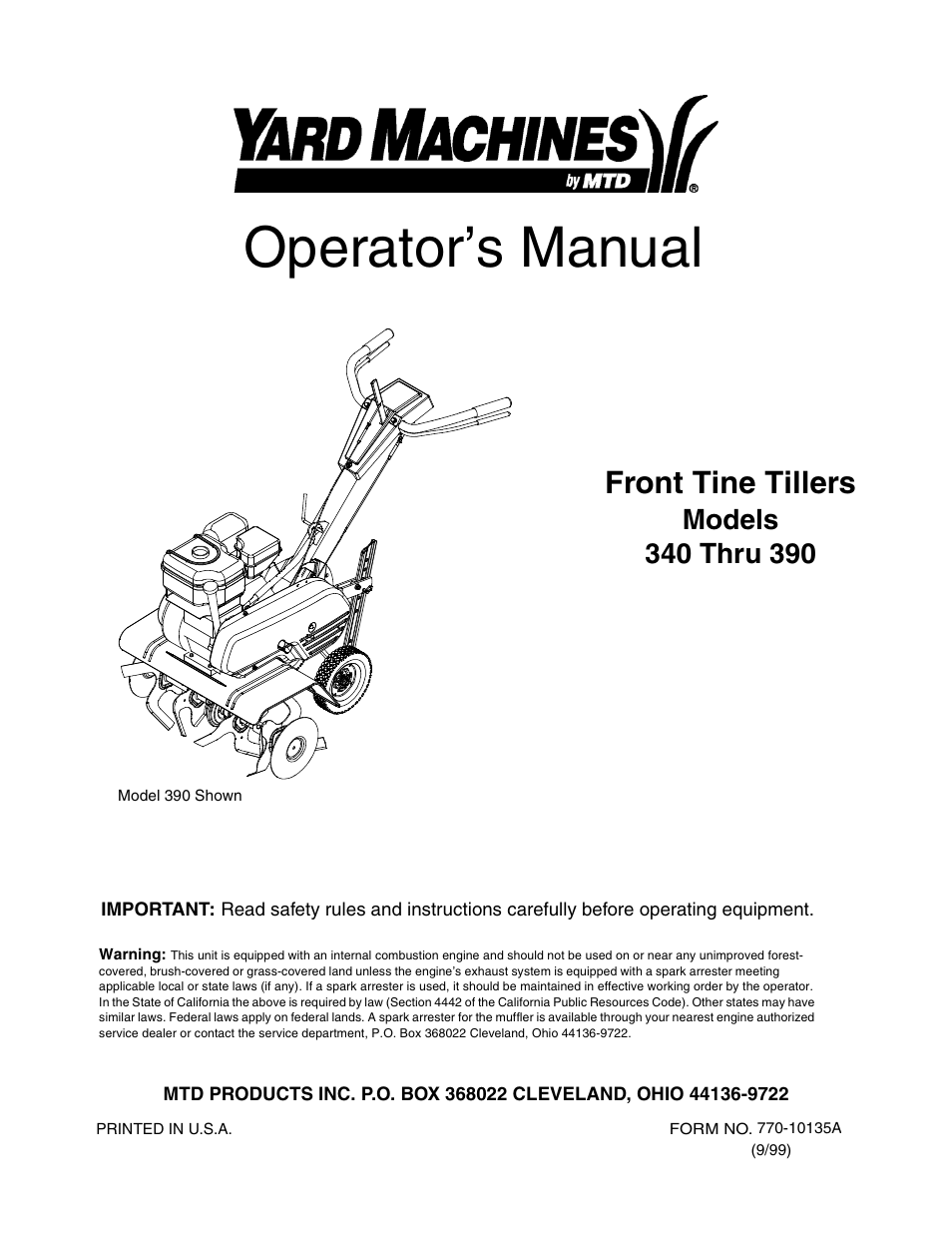 Yard Machines 390 User Manual | 24 pages