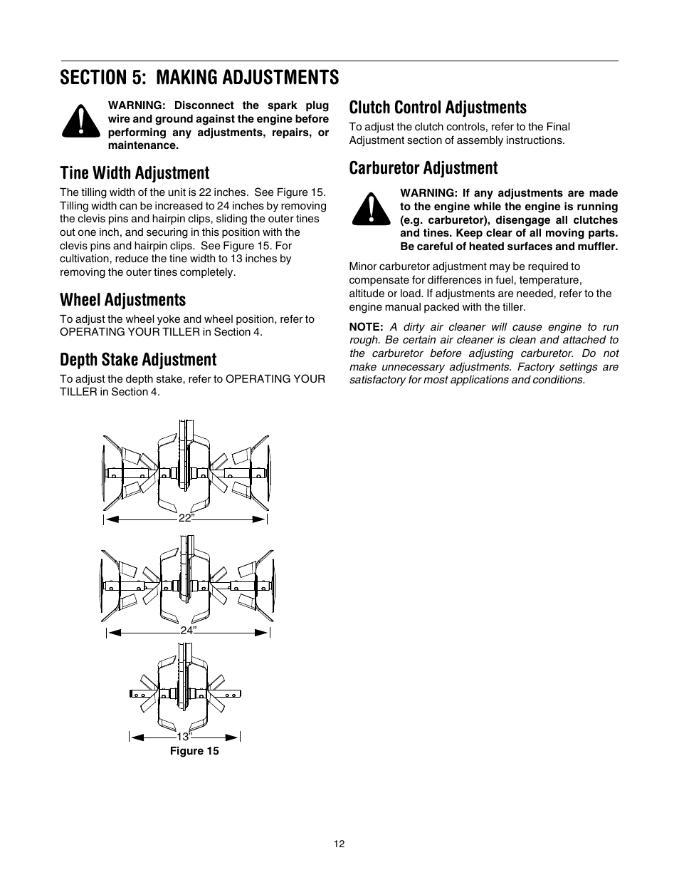 Tine width adjustment, Wheel adjustments, Depth stake adjustment | Clutch control adjustments, Carburetor adjustment | Yard Machines 390 User Manual | Page 12 / 24