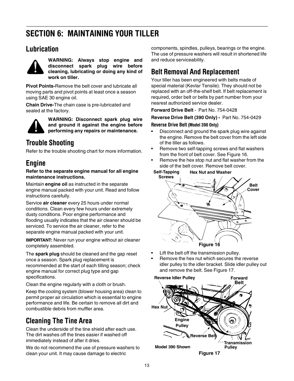 Lubrication, Trouble shooting, Engine | Cleaning the tine area, Belt removal and replacement | Yard Machines 390 User Manual | Page 13 / 24
