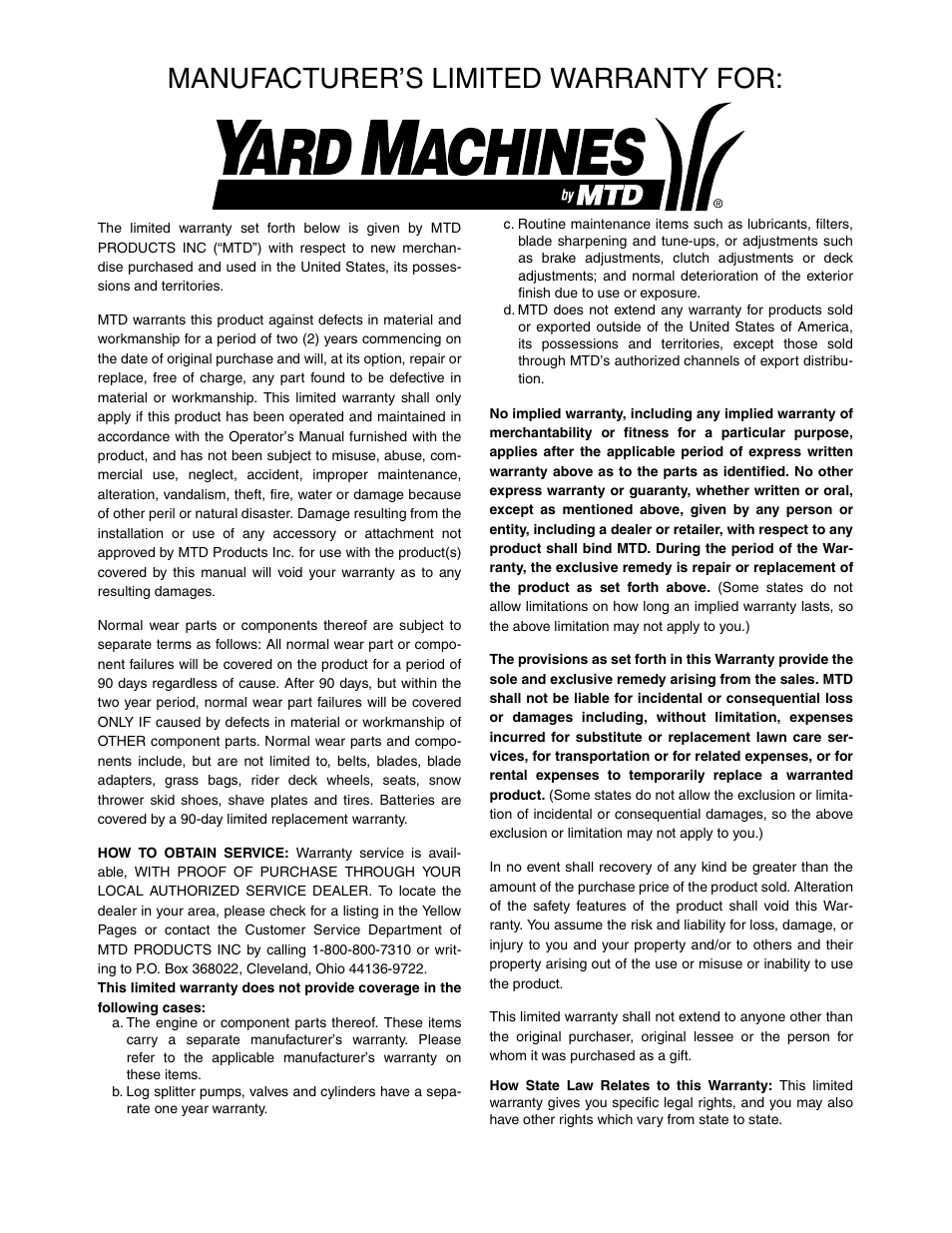 Manufacturer’s limited warranty for | Yard Machines 390 User Manual | Page 24 / 24