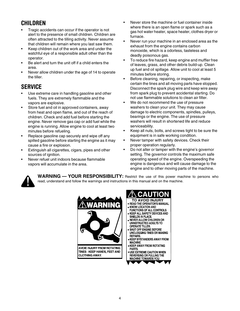 Children, Service | Yard Machines 390 User Manual | Page 4 / 24