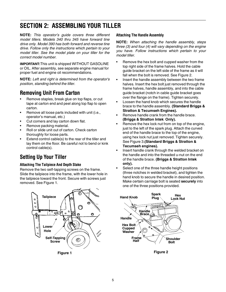 Removing unit from carton, Setting up your tiller | Yard Machines 390 User Manual | Page 5 / 24