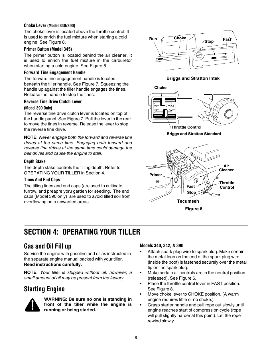 Gas and oil fill up, Starting engine | Yard Machines 390 User Manual | Page 8 / 24