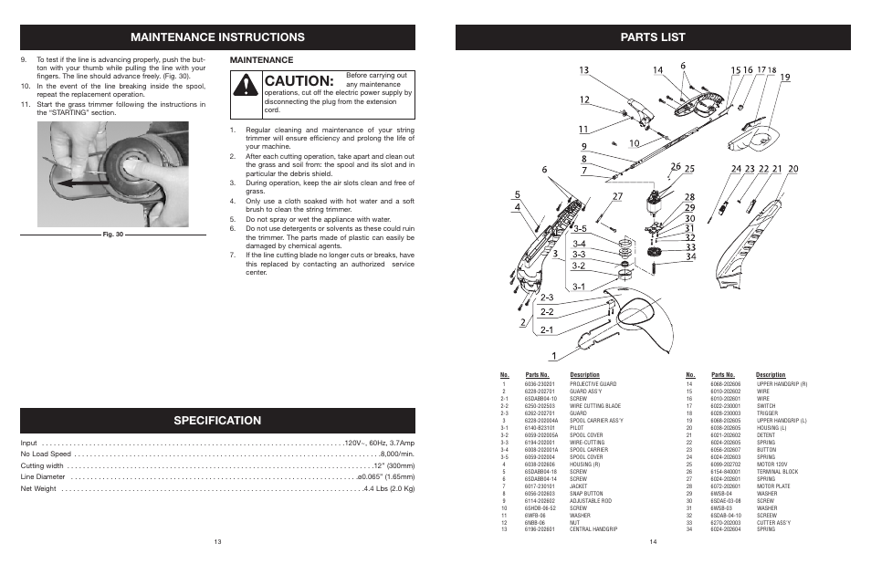 Caution, Maintenance instructions, Specification parts list | Maintenance | Yard Machines MTD27P User Manual | Page 15 / 52