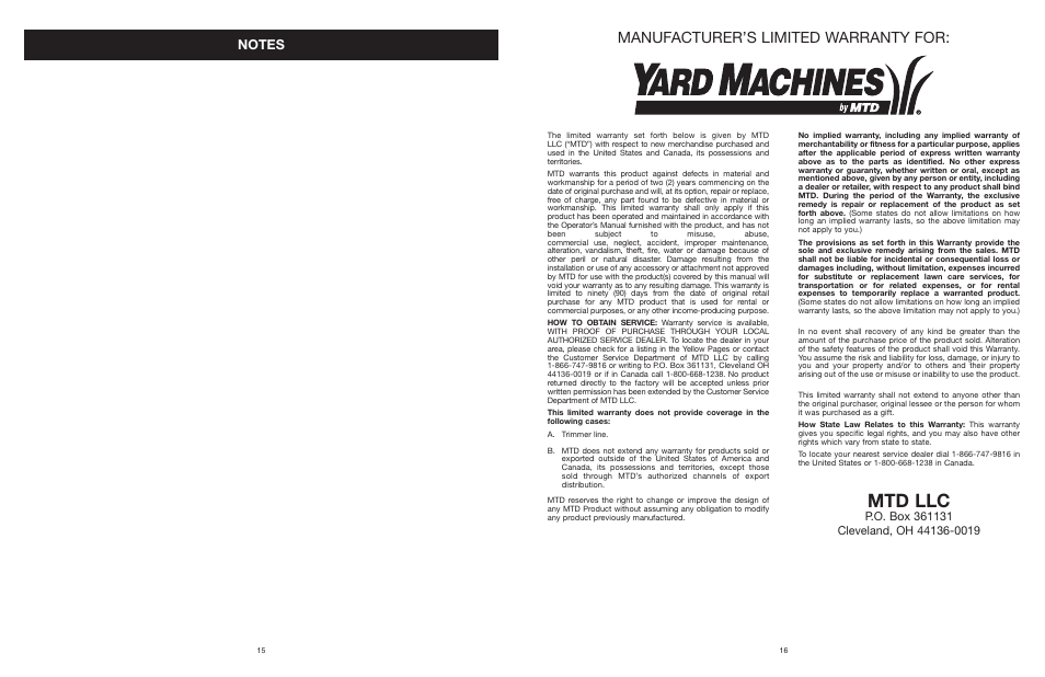 Mtd llc, Manufacturer’s limited warranty for | Yard Machines MTD27P User Manual | Page 16 / 52