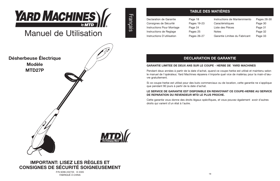 Yard Machines MTD27P User Manual | Page 18 / 52
