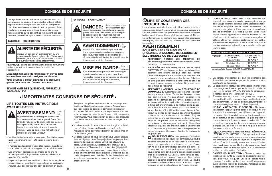 Alerte de sécurité, Danger, Avertissement | Mise en garde, Importantes consignes de sécurité, Consignes de sécurité, Lire et conserver ces instructions, Lire toutes les instructions | Yard Machines MTD27P User Manual | Page 20 / 52