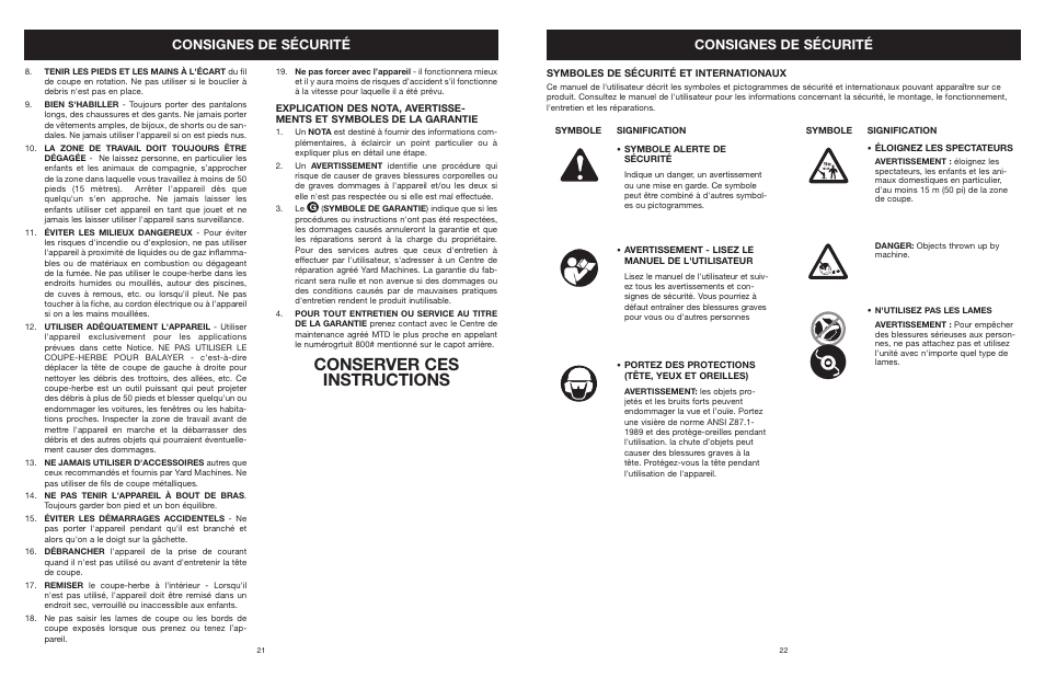 Conserver ces instructions, Consignes de sécurité | Yard Machines MTD27P User Manual | Page 23 / 52