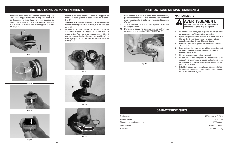 Avertissement, Instructions de mantenimiento, Caractéristiques | Yard Machines MTD27P User Manual | Page 31 / 52
