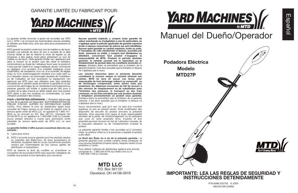 Manuel del dueño/operador, Español, Mtd llc | Garantie limitée du fabricant pour | Yard Machines MTD27P User Manual | Page 35 / 52