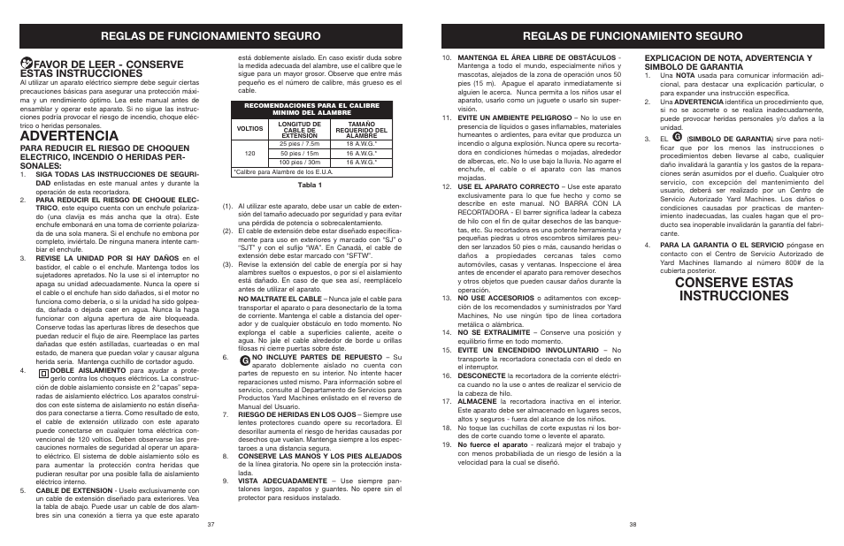 Advertencia, Conserve estas instrucciones, Reglas de funcionamiento seguro | Favor de leer - conserve estas instrucciones | Yard Machines MTD27P User Manual | Page 39 / 52