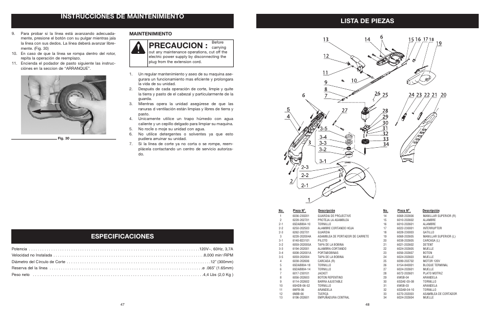 Precaucion, Instrucciones de maintenimiento, Especificaciones lista de piezas | Maintenimiento | Yard Machines MTD27P User Manual | Page 48 / 52