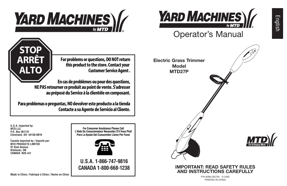 Stop arrêt alto, Operator’s manual, English | Yard Machines MTD27P User Manual | Page 52 / 52