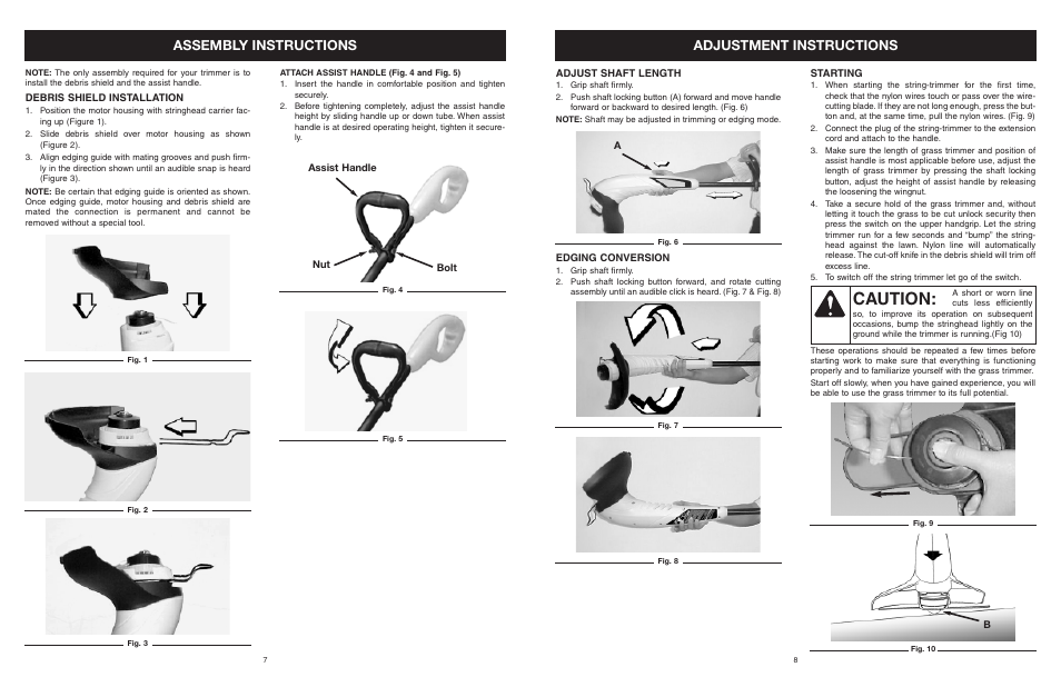 Caution, Assembly instructions, Adjustment instructions | Yard Machines MTD27P User Manual | Page 8 / 52