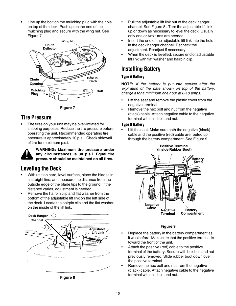 Tire pressure, Leveling the deck, Installing battery | Yard Machines 690 Thru 699 User Manual | Page 10 / 24