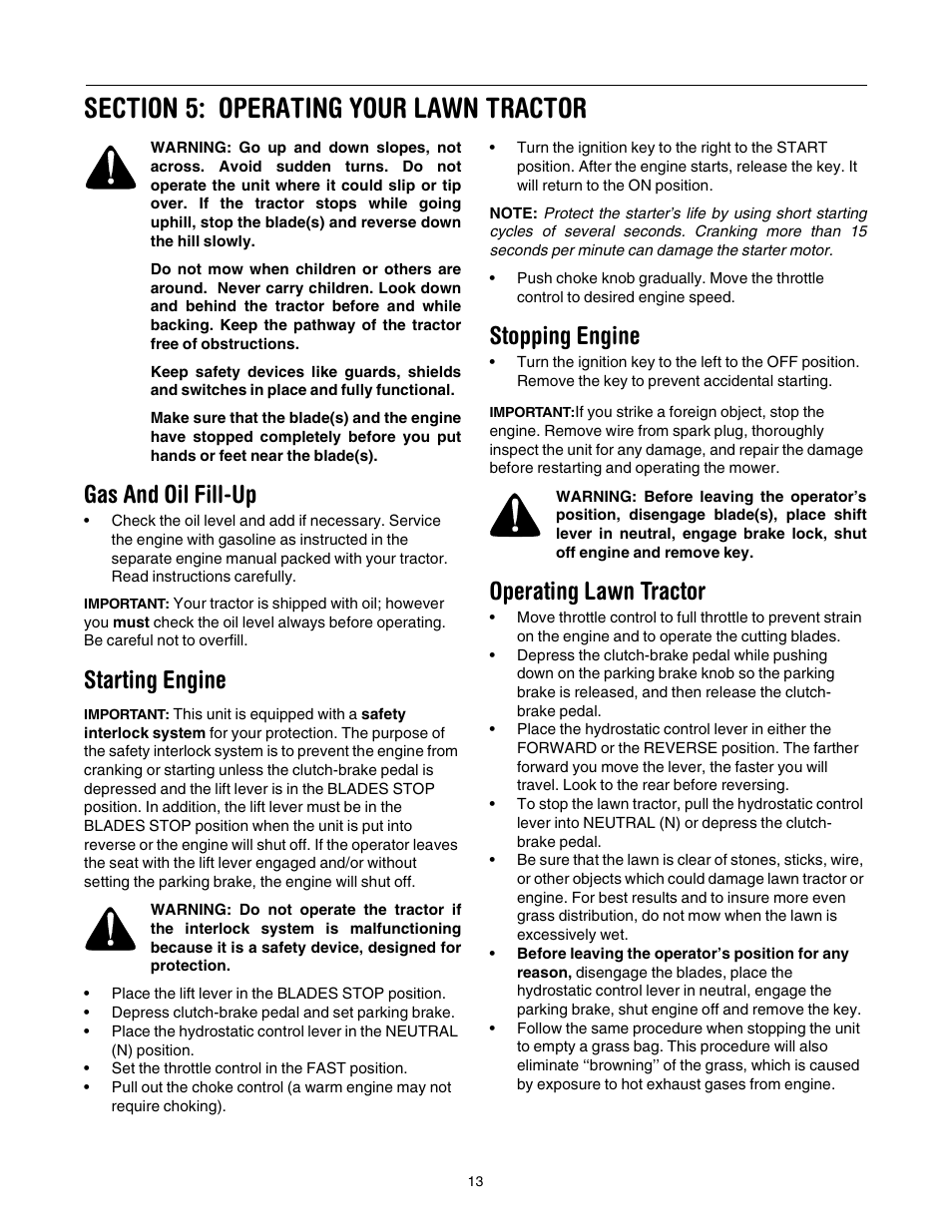 Gas and oil fill-up, Starting engine, Stopping engine | Operating lawn tractor | Yard Machines 690 Thru 699 User Manual | Page 13 / 24