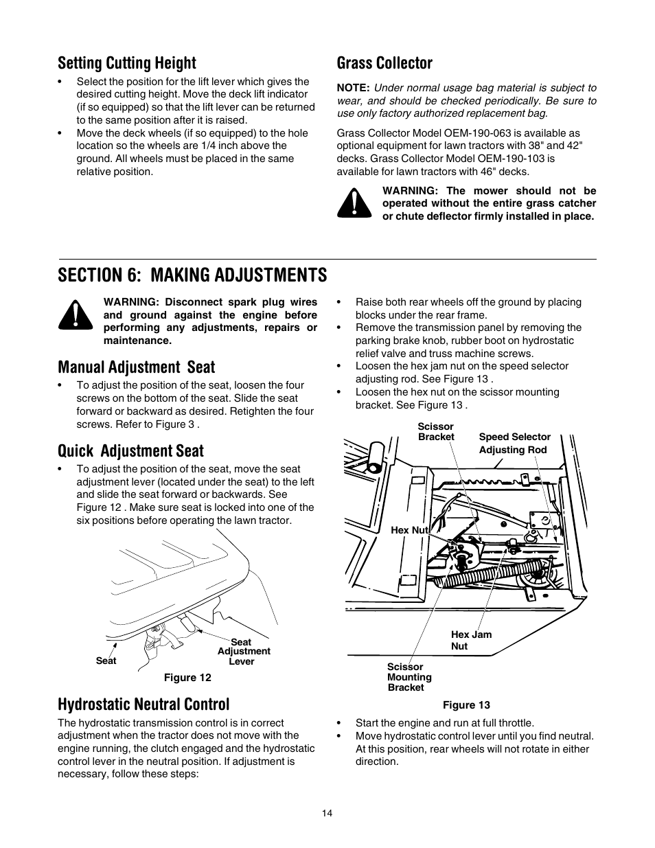 Setting cutting height, Grass collector, Manual adjustment seat | Quick adjustment seat, Hydrostatic neutral control | Yard Machines 690 Thru 699 User Manual | Page 14 / 24