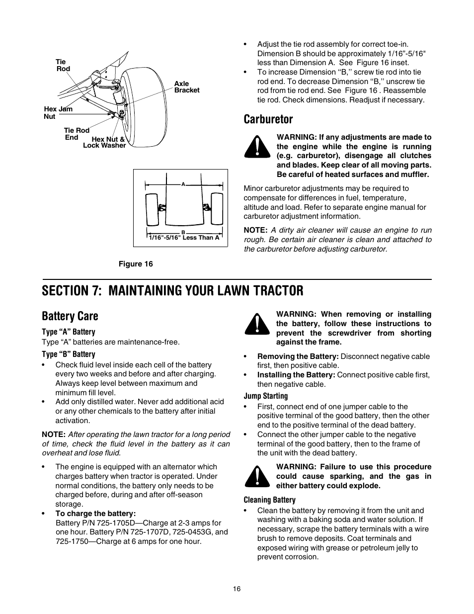 Carburetor, Battery care | Yard Machines 690 Thru 699 User Manual | Page 16 / 24