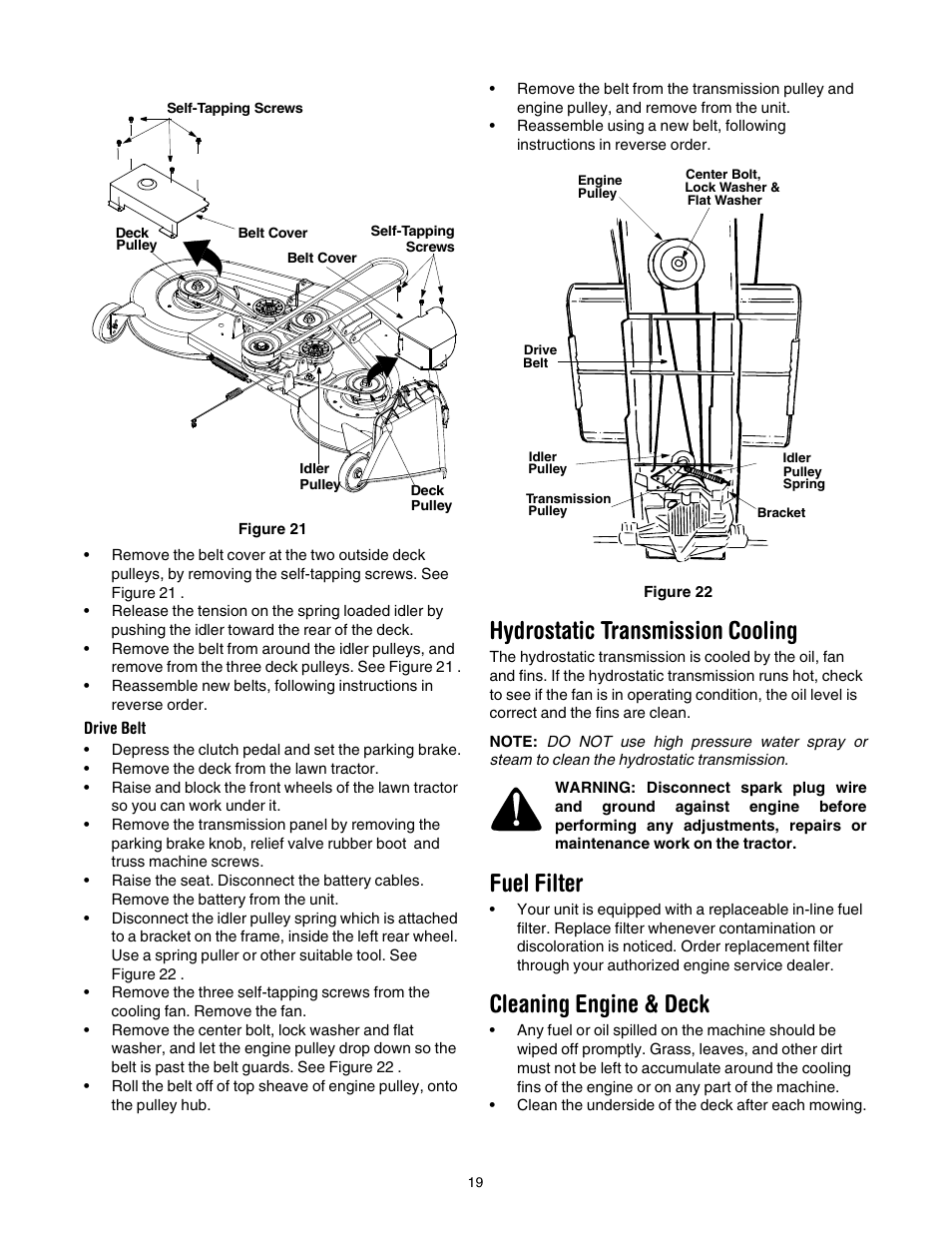 Hydrostatic transmission cooling, Fuel filter, Cleaning engine & deck | Yard Machines 690 Thru 699 User Manual | Page 19 / 24